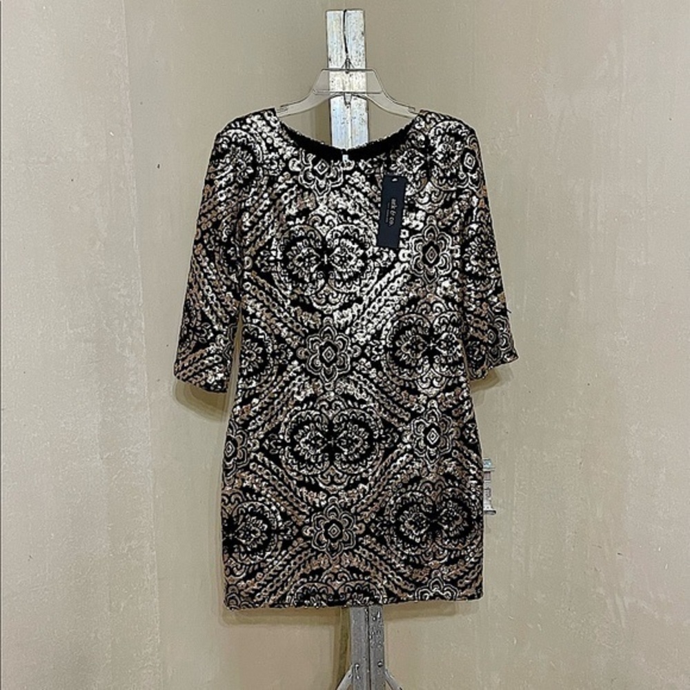 ARK&CO 3/4 SLEEVE BLACK/GOLD SEQUIN DRESS SZ LARGE